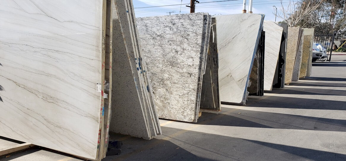 Commercial countertop fabrication shop in North Hollywood with slabs and CNC equipment