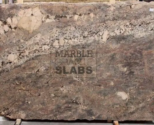 Crema Bordeaux Granite Slab – burgundy granite with flowing cream and gold veins