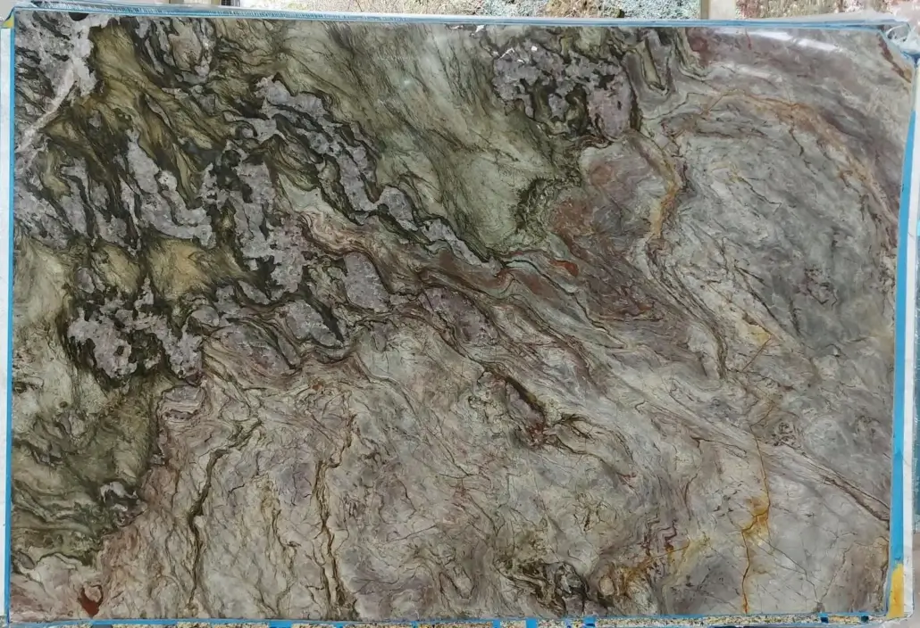 Beryllos quartzite slab with green and gray movement