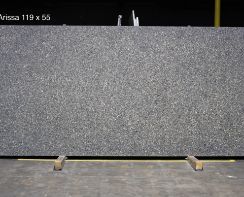 119 x 55 slab. Speckled gray quartz that works well in high-traffic kitchens and commercial spaces.
