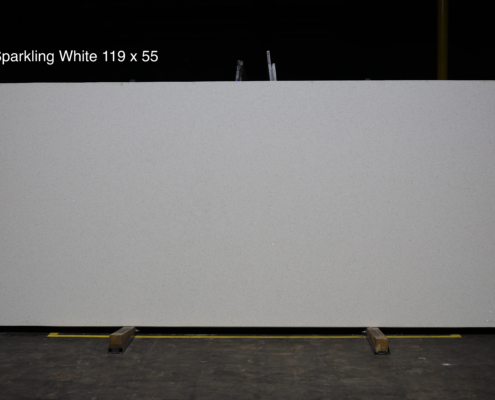 119 x 55 slab. Bright white quartz with subtle sparkle for clean kitchens, vanity tops, and light modern interiors.