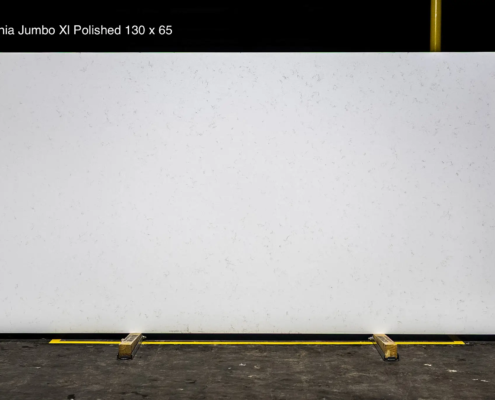 130 x 65 slab. Bright white quartz with delicate subtle movement for clean custom kitchens and modern interiors.